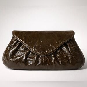 Lauren Merkin patent leather pleated clutch, flap close, green-brown, EUC